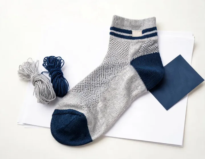 Running sock yarn, knit structure and cushioning zones arranged for a sourcing review